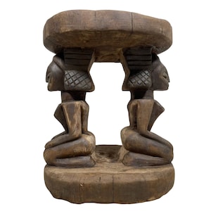 Vintage African Hand Carved Wooden Brown Wood Small Stool Chair Stand Display Foot Rest Plinth Seating c1970-80&#39;s / EVE
