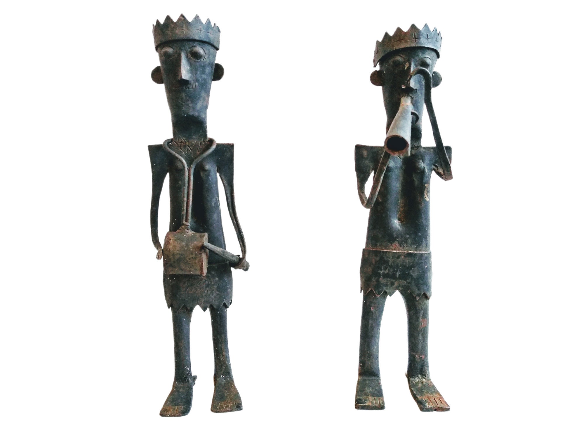 Vintage Français Scrap Metal Hand Made Musical Band Flute Horn Drum Player Man Figurine Ornament Dec