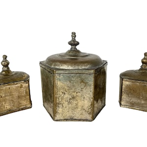Antique Indian Metal Tin Brass Caddie Bin Lidded Storage Pot Container Decor Traditional Set Collection circa 1910's / EVE