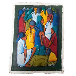 Vintage Haitian Folk Art Original Acrylic Painting Paint Art On Raw Canvas Signed Monel "Mothers" circa 1980-90's / EVE
