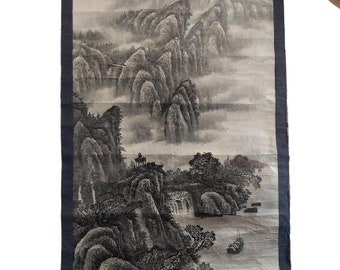 Antique Japanese Unrestored Long Large Wall Hanging Water Colour Painting On Paper With Silk Border Pagoda Landscape c1910&#39;s / EVE de France