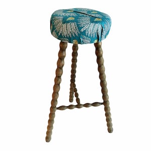 Vintage French Cushioned Stool Traditional Tall Plant Stand Wooden Brown Wood Chair Stand Display Plinth Seating Pot Bobbin c1960-70&#39;s / EVE