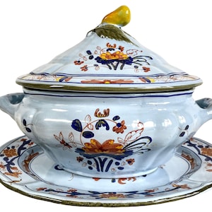 Vintage Italian Cata Calli Florentine Pear White Blue Ceramic Terrine Bowl Dish Plate Server Serving Lid REPAIRED circa 1940-50&#39;s / EVE