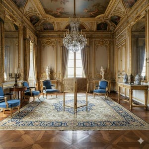 May include: An opulent room with ornate gold trim, a large chandelier, and a patterned rug. Blue chairs and a table are arranged on the wooden floor. The ceiling features painted details, and the room has large windows with drapes.