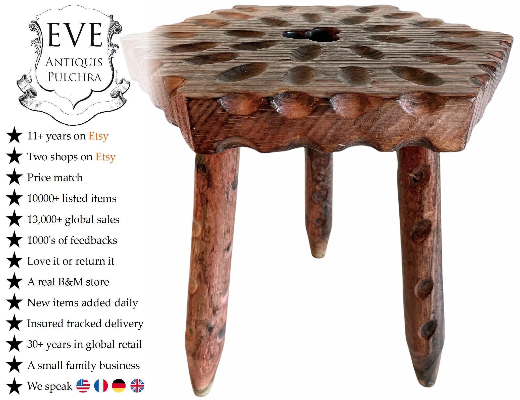 Vintage Français Clover Leaf Lucky Tabouret Sculpté Bois Marron Petite Chaise de Traite Stand Affich