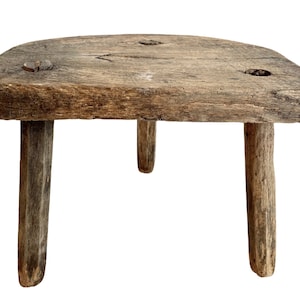Antique French Traditional Three Leg Milking D Stool Wooden Brown Wood Stand Display Rest Plinth Seating Plant Pot Tabouret c1910-20&#39;s / EVE