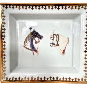 Vintage Square Plate French Horse Theme Bowl Dish Platter Ceramic Gold Rim White Serving Plate c1950-60's / EVE