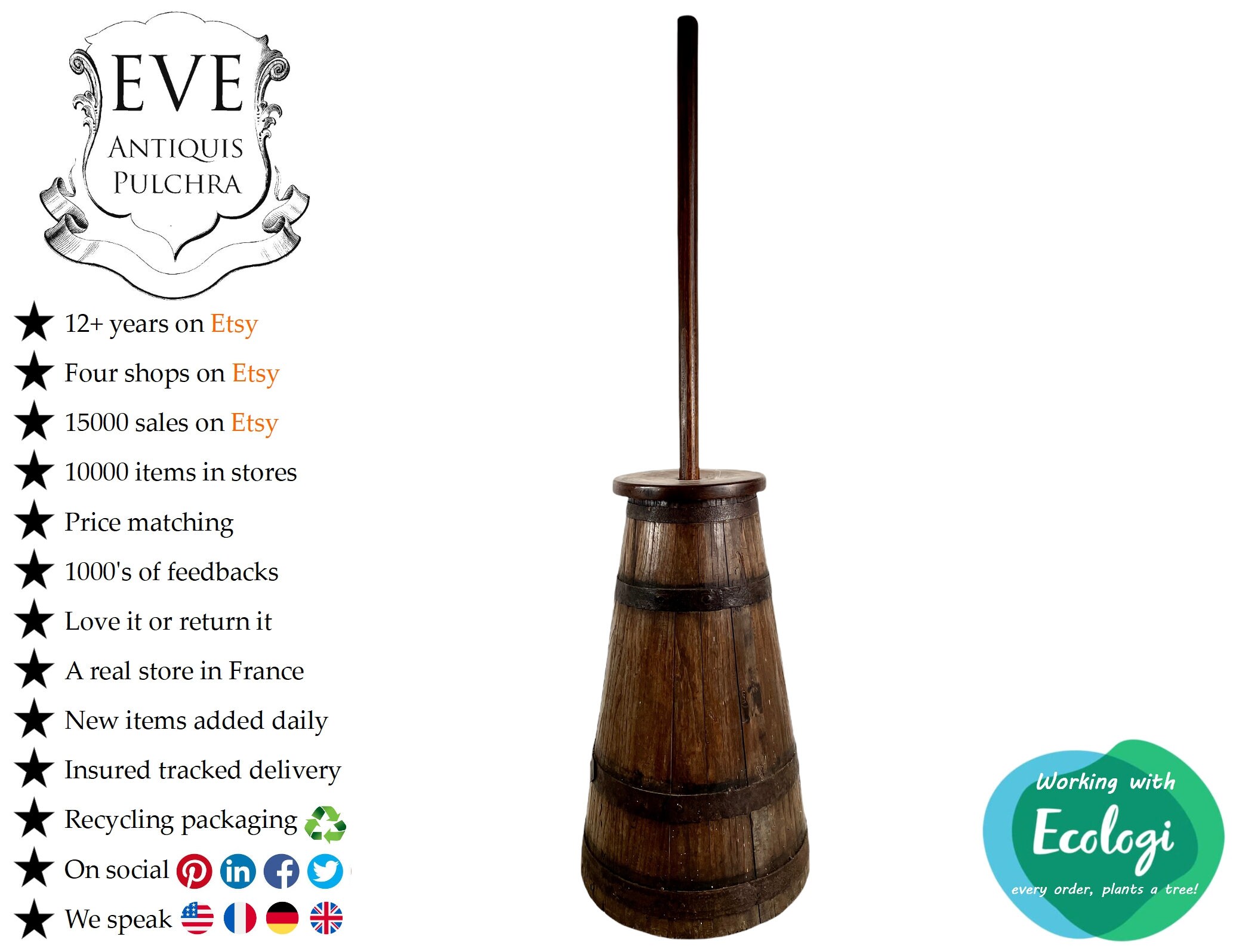 Antique Français Heavy Tall Wood Manual Butter Churn Parapluie en Bois Walking Stick Stand Container