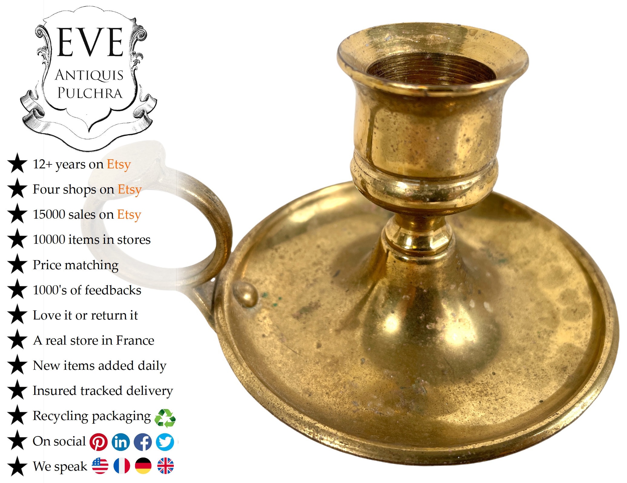 Vintage Anglais Laiton Métal Debout Main Tenue Portable Bougie Candélabre Bâton Piédestal Ornement S