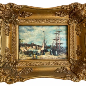 Vintage French Sailing Boats Harbour Restored Williams Gold Framed Print On Board Signed JE Blanche circa 1960&#39;s / EVE de France