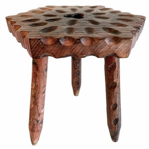 Vintage French Clover Leaf Lucky Carved Stool Wooden Brown Wood Small Milking Chair Stand Display Rest Plinth Seating Tabouret c1960&#39;s / EVE