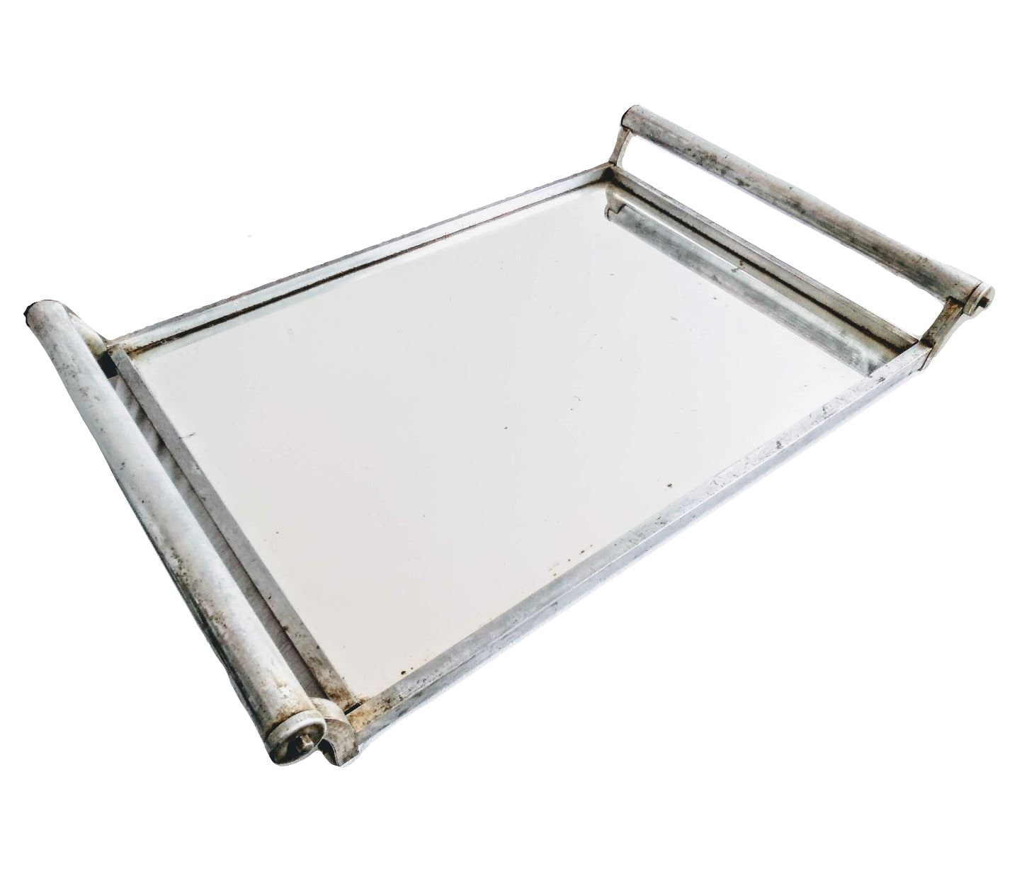 Vintage Italien Chrome Mirror Servant Dîner Lap Tray Décoratif Prop Display Tarnish Patina Circa 195