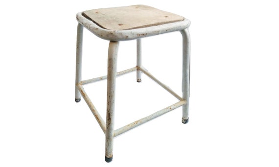 Vintage French Stool Grey Metal Wood Industrial Style Flower