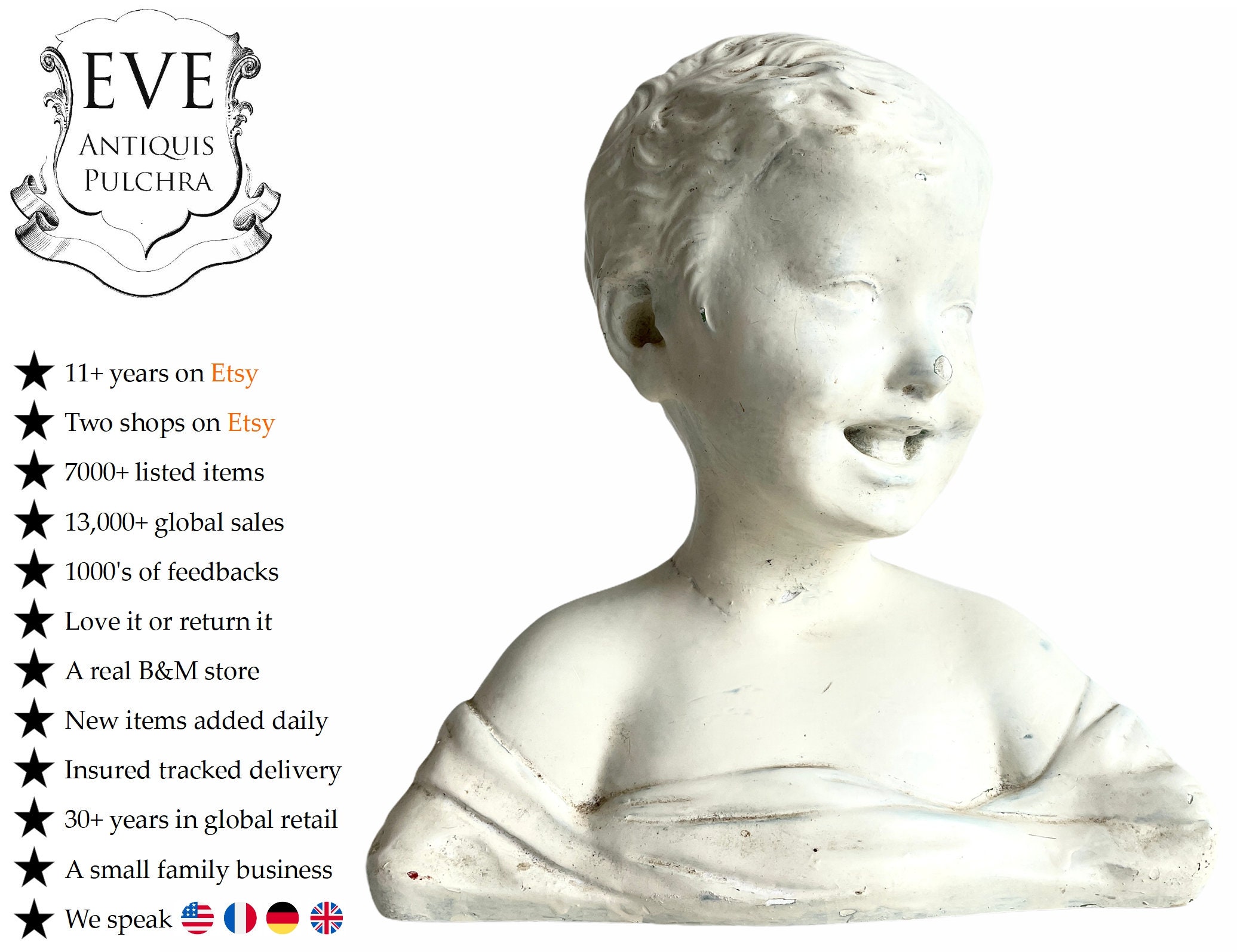 Vintage Français Jeune Fille Souriante ou Garçon en Plâtre Tête Grand Ornement Figurine Affichage Ca