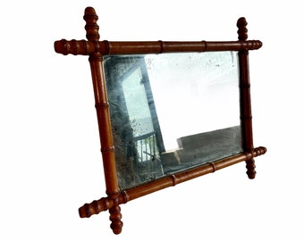 Vintage, Français, bois, bois, aspect bambou, tenture murale, miroir, bois, verre, décoratif, salle de bains, vestiaire, couloir, vers, 1930-40, EVE