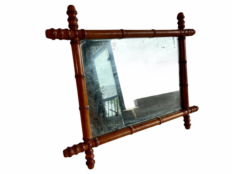 Vintage French Wooden Wood Bamboo Look Wall Hanging Mirror Wood Glass Decorative Bathroom Cloakroom Hallway circa 1930-40's / EVE image 1