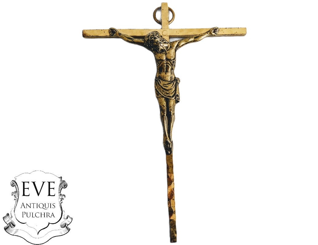 Vintage Français Crucifix Brass Gold Metal With Patina Catholic Church Chapel Cross Religious Symbol