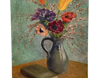 Vintage French Flowers In Vase With Book On Board Acrylic Original Painting Art circa 1950's / EVE