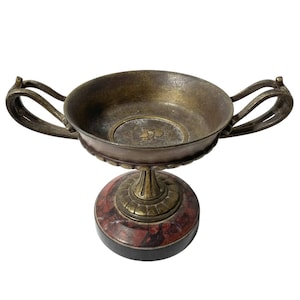 Antique French Metal Spelter Stone Base Handled Trophy Cup Bowl Dish Tarnish Patina c1880&#39;s / EVE