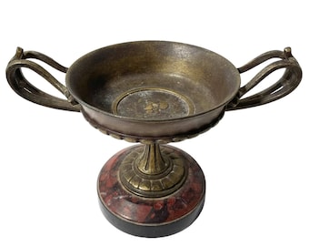 Antique French Metal Spelter Stone Base Handled Trophy Cup Bowl Dish Tarnish Patina c1880's / EVE
