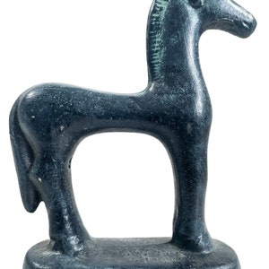 Vintage Greek Horse Glazed Terracotta Black Green Grey Reproduction Ornament Handmade Decor Design c1980&#39;s / EVE