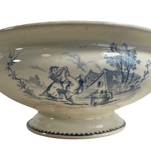 Antique French Large Ceramic Blue White Transferware Serving Bowl Dish Plate Stoneware Country Rustic Scene Decor c1900&#39;s / EVE