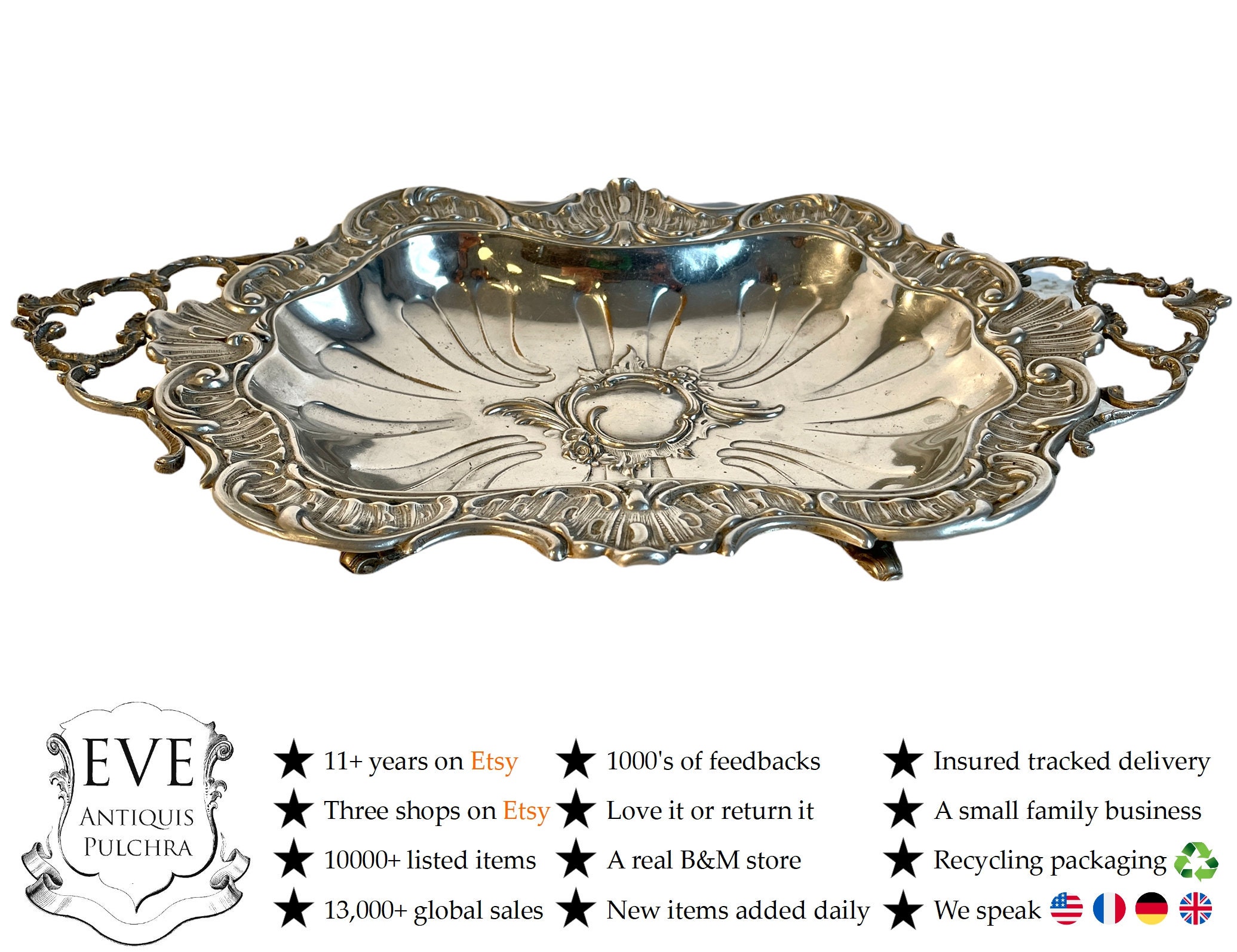 Vintage Français Silver Coloured Metal Tray Trivet Stand Serving Dish Platter Decorative Table Brass