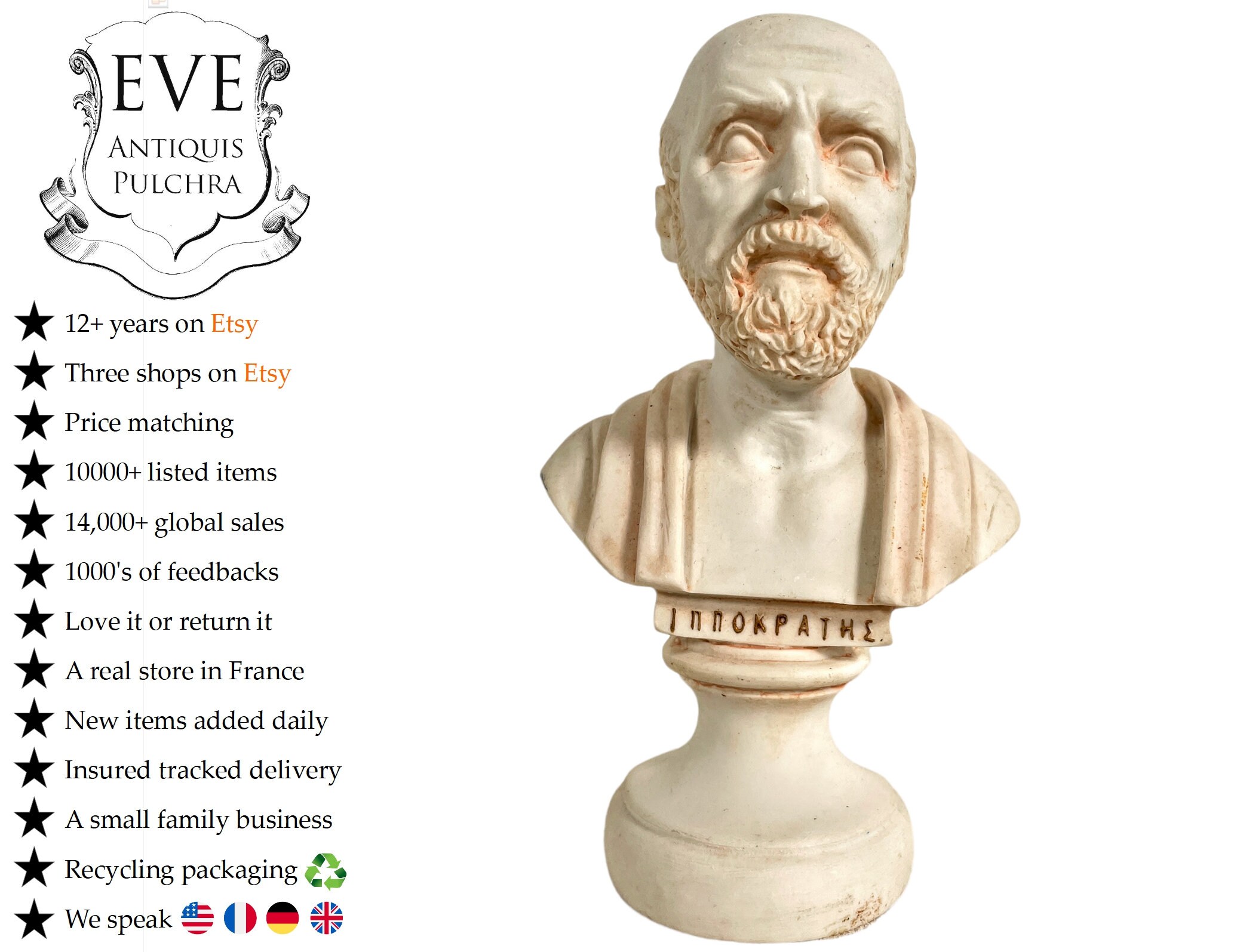 Vintage Greek Reproduction Résine Buste Hippocrate Petit Ornement Figurine Affichage Cadeau C1970/Ev