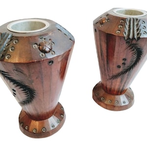 Vintage fransk ljusstake i trä, silverfärgad metall, ljusstake, stora ljus, liten kruka, vas, display, ca 1950-60-tal / EVE de France