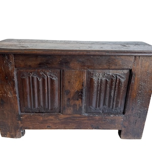 Antique French Large Heavy Wooden Wood Box Chest Primitive Storage Container Lidded Cupboard Bench Seat Trunk c1850&#39;s / EVE