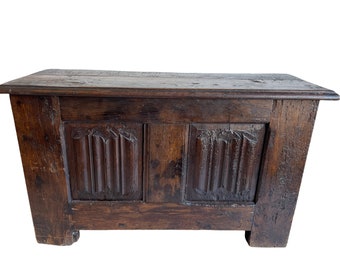 Antique French Large Heavy Wooden Wood Box Chest Primitive Storage Container Lidded Cupboard Bench Seat Trunk c1850's / EVE