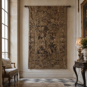 Antique French Chateau Long Large Wall Hanging Tapestry Tapestries Featuring Stork Heron Château circa 1700-1800's / EVE