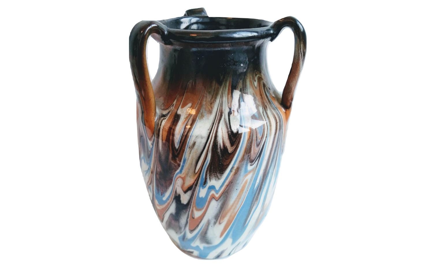 Vintage Français Large Terracotta Brown Multi Coloured Jug Pitcher Faience Style Pot Vase Display Pa