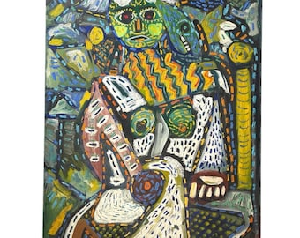 Vintage French Abstract Portrait On Canvas Oil Original Painting Art signed by Jervis circa 1950-60's / EVE
