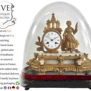 Antique French Gilded Gilt Bronze Rococo Style Clock Timepiece Wind Up Chateau Under Glass Dome Mantlepiece Working With Key c1850-70s / EVE