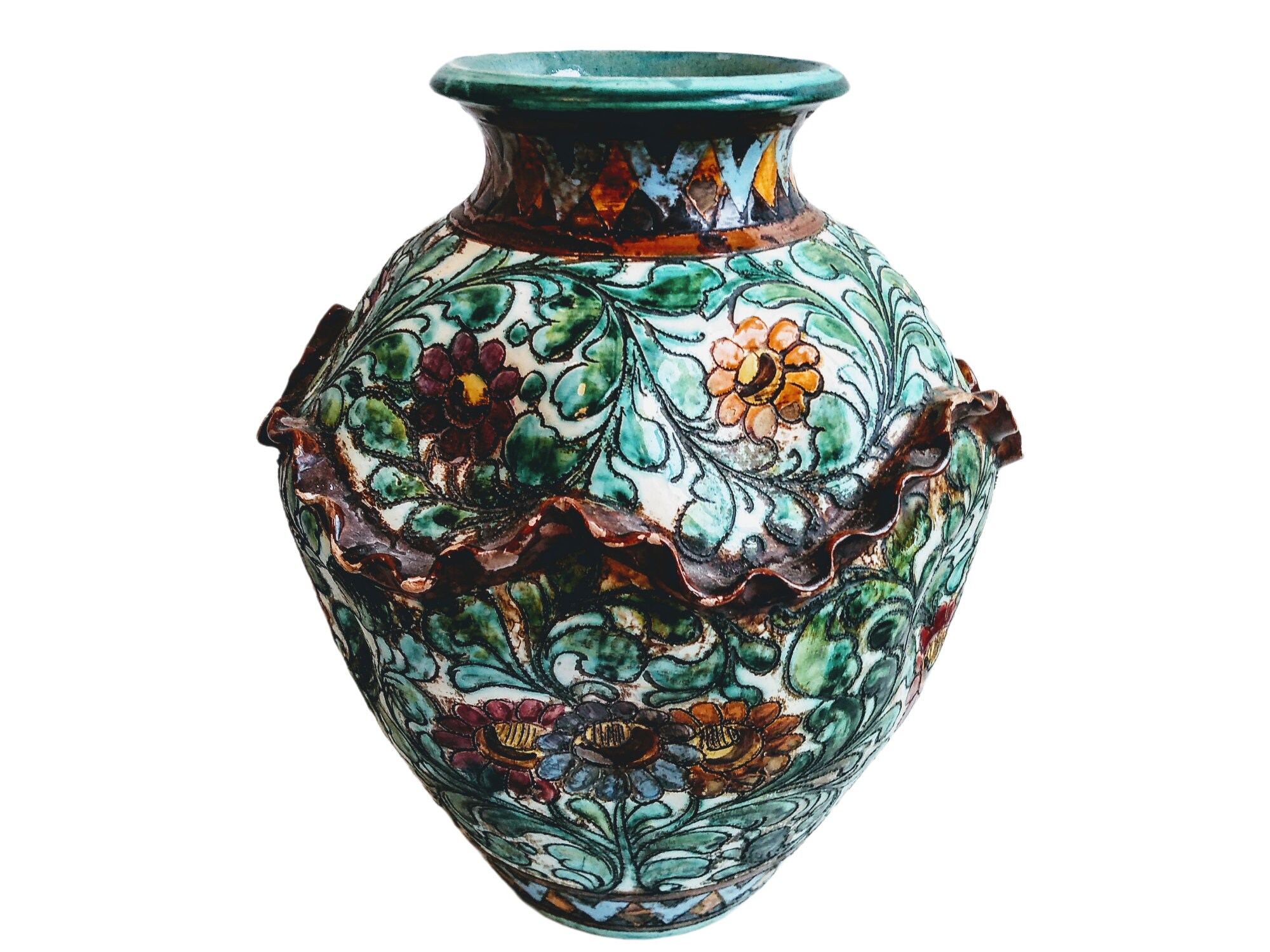 Vintage Italien Grand Vert Terracotta Clay Vase Pot Urn Ruffle Edged Ornament Flower Plant Display P