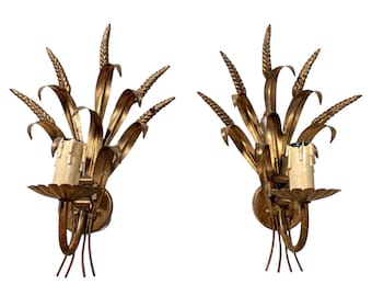 Vintage French Golden Wheatsheaf Wall Hanging Sconces Pair Lamp Electric Light Lantern Candle c1970's / EVE