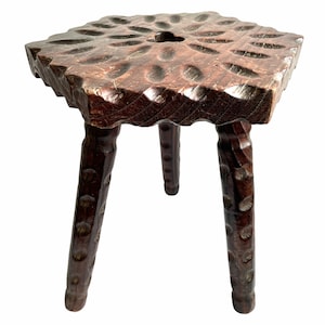 Vintage French Clover Carved Stool Wooden Brown Wood Small Milking Chair Stand Display Rest Plinth Seating Plant Tabouret c1960&#39;s / EVE