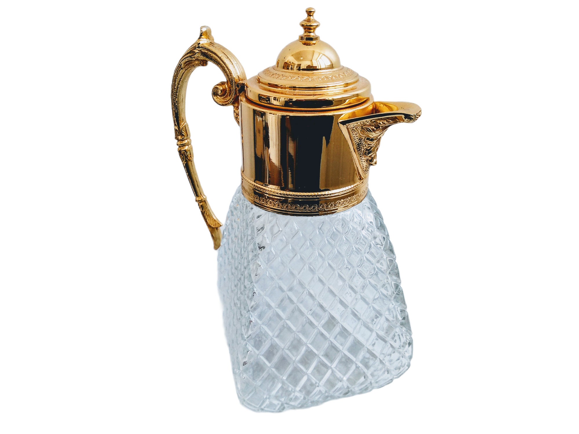 Vintage Français Or Coloured Metal Heavy Glass Double Chambered Decanter Pitcher Jug Container Stora