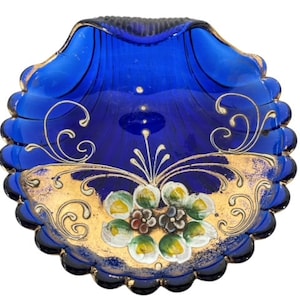 Antique French Blue Gold Glass Soap Dish Catch All Cosmetic Bathroom Holder Display Feature Design Decor c1920&#39;s / EVE