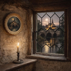 Puede incluir: Una vela encendida en un candelabro plateado se encuentra en una repisa de madera junto a una ventana. La ventana ofrece una vista de un puente de piedra y un edificio iluminado por la noche. Una pintura enmarcada cuelga en la pared de piedra.