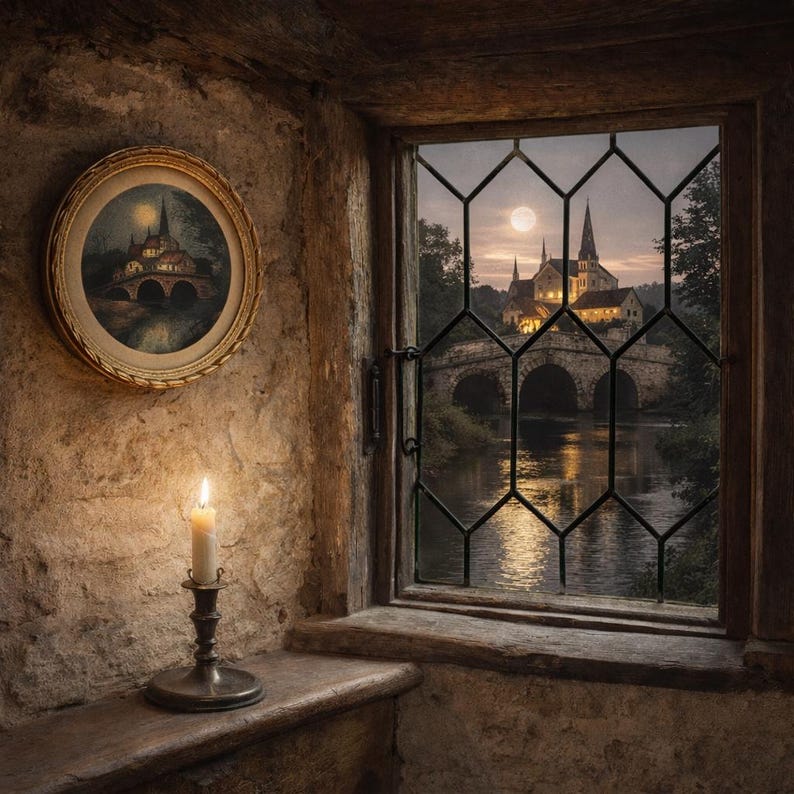 Puede incluir: Una vela encendida en un candelabro plateado se encuentra en una repisa de madera junto a una ventana. La ventana ofrece una vista de un puente de piedra y un edificio iluminado por la noche. Una pintura enmarcada cuelga en la pared de piedra.