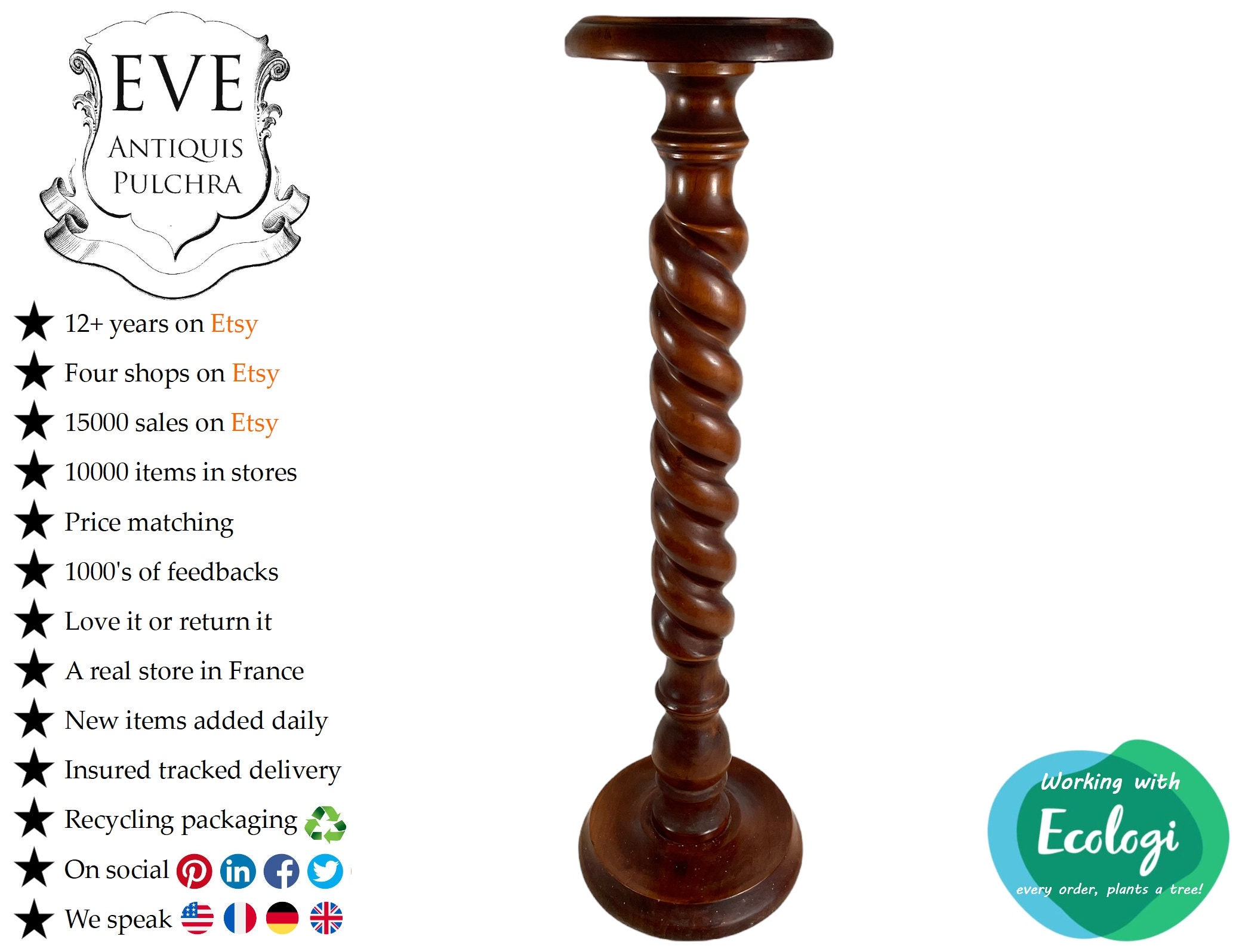 Vintage Français Bois Marron Foncé Naturelle Orge Twist Leg Table d'appoint Support Présentateur Rep