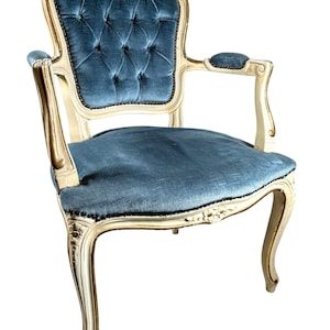 Vintage French Wooden Refurbished Louis XV Style Hand Floral Carved Chair Seating Cushioned Design Blue Beige c1920-40's / EVE