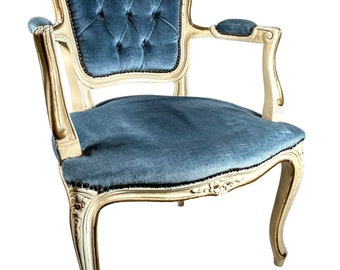 Vintage French Wooden Louis XV Style Hand Floral Carved Chair Seating Cushioned Design Blue Beige c1920-40's / EVE
