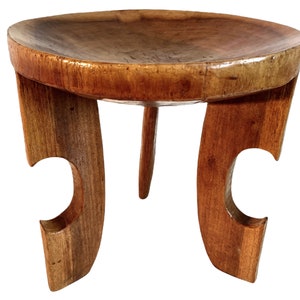 Vintage African Concave Round Bottom Wooden Brown Wood Small Milking Stool Chair Stand Display Rest Plinth Seating circa 1970-80&#39;s / EVE