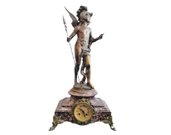 Antique French Auguste Moreau Bronze Brass Stone Sculpture Winged Spear Holding Boy Angel Cupid Icon Clock Chateau c1900's / EVE