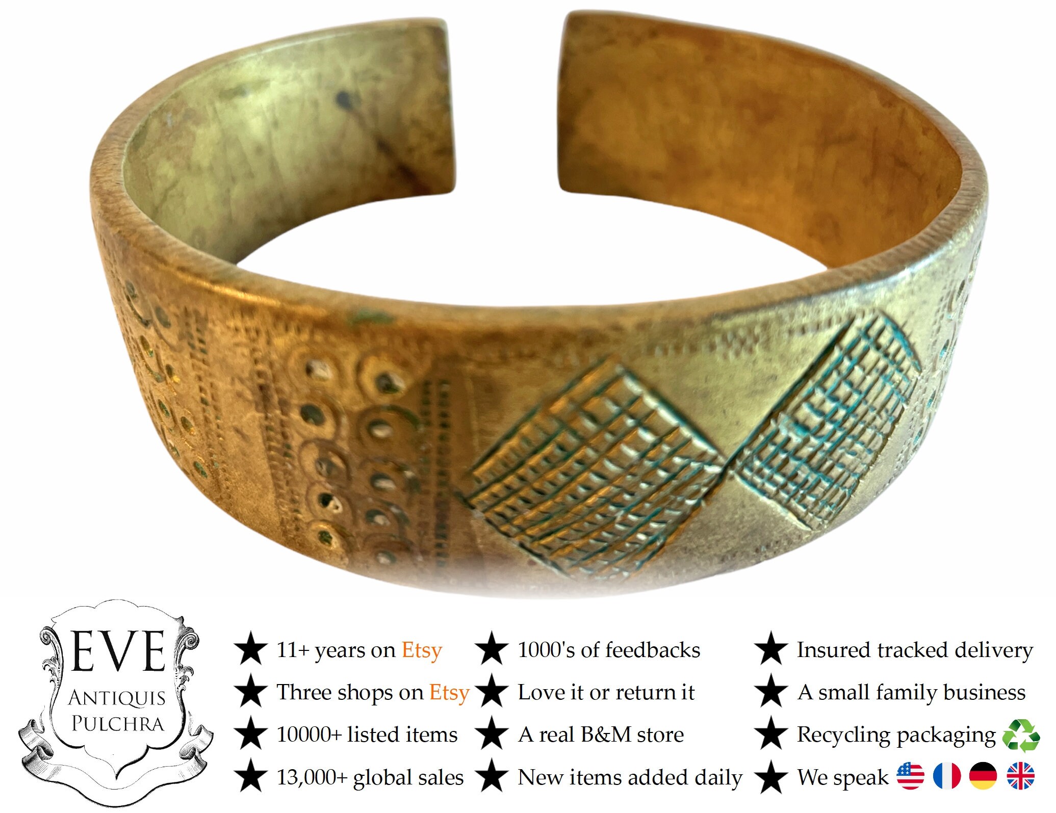 Antique African Solid Brass Cuff Bracelet Bangle Large Jewellery