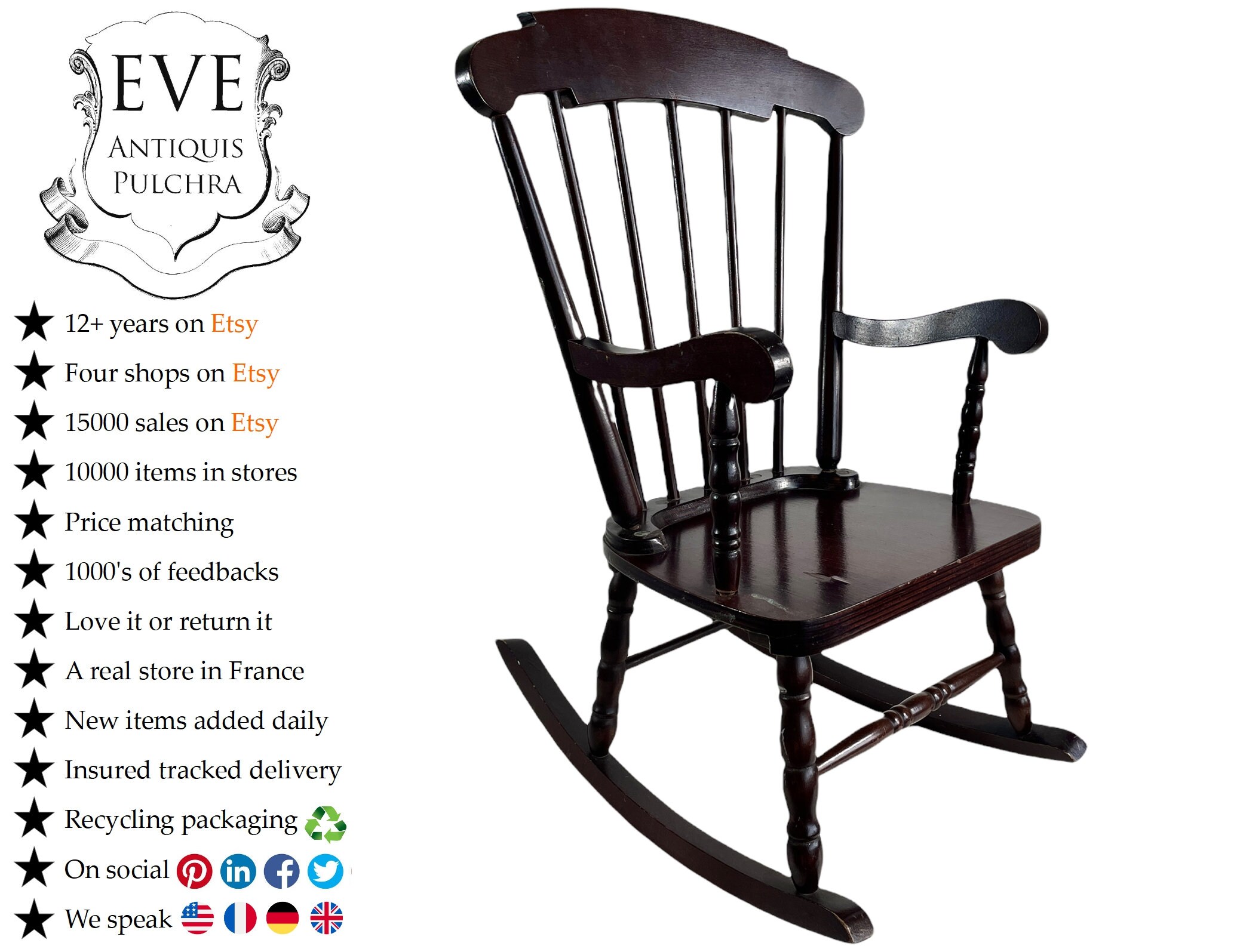 Vintage Français Bois Marron Foncé Petit Fauteuil à Bascule Enfants Sièges Siège Design Prop C1970-8