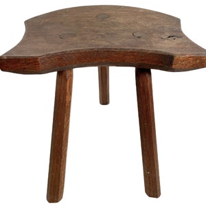 Vintage French Traditional Stool Small Wooden Brown Wood Small Stand Display Plinth Plant Pot Tabouret Three Legs Tripod c1940-50's / EVE